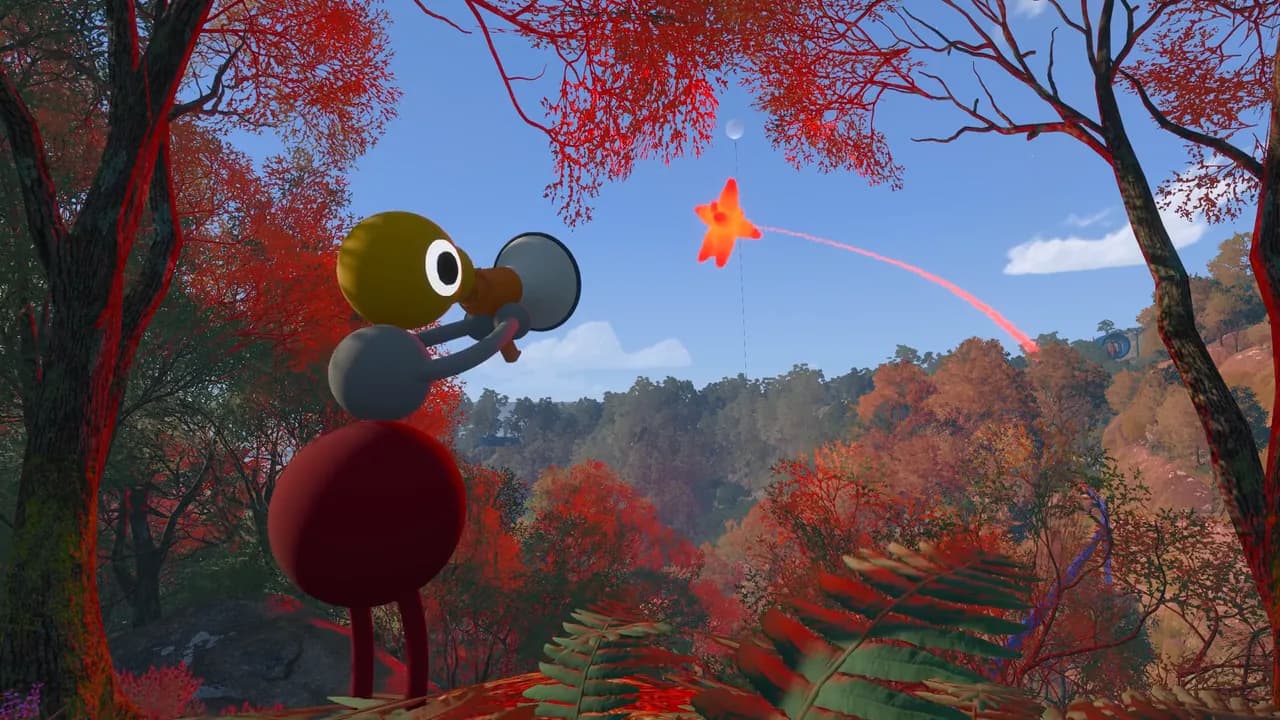 A Big Walk player launching a bright flare across an autumn forest