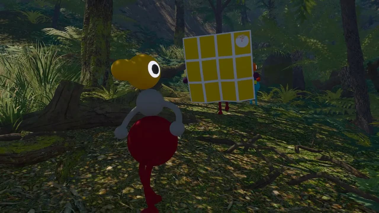A Big Walk character approaching a yellow grid puzzle in the forest